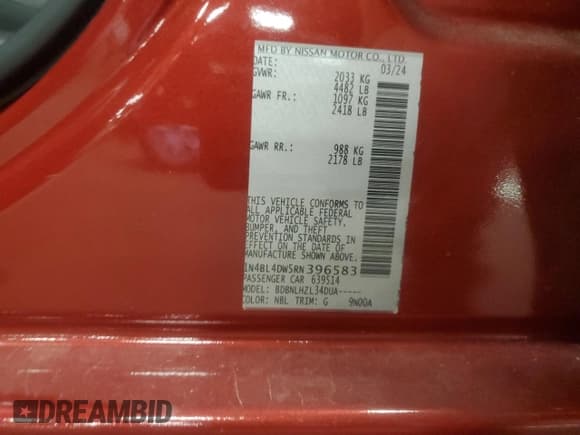 ✅ 2024 Nissan Altima SV • VIN: 1N4BL4DW5RN396583 • Лот: 84034625. Опубликован ранее на Copart с пробегом 41 588 миль. Бесплатный доступ к архиву аукционных продаж из США и подробный отчёт об истории автомобиля на DreamBid. Изображение 13.