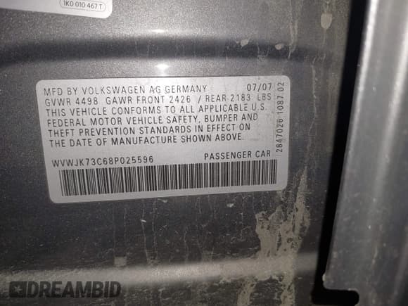 ✅ 2008 Volkswagen Passat Turbo • VIN: WVWJK73C68P025596 • Lot: 43804721. Listed on IAAI with 109,725 mi. Free auction sales archive from the USA and detailed vehicle history report at DreamBid. Image 9.