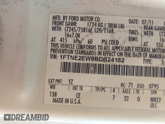 ✅ 2011 Ford Econoline Cargo Commercial • VIN: 1FTNE2EW9BDB24182 • Lot: 43510267. Wystawiony na IAAI z przebiegiem 202 227 mil. Bezpłatny archiwum sprzedaży aukcyjnych z USA i szczegółowy raport historii pojazdu na DreamBid. Zdjęcie 9.