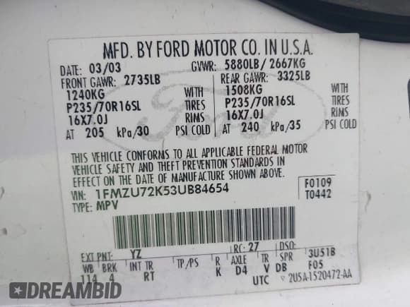 ✅ 2003 Ford Explorer XLS • VIN: 1FMZU72K53UB84654 • Lot: 42256405. Listed on IAAI with 110,527 mi. Free auction sales archive from the USA and detailed vehicle history report at DreamBid. Image 9.