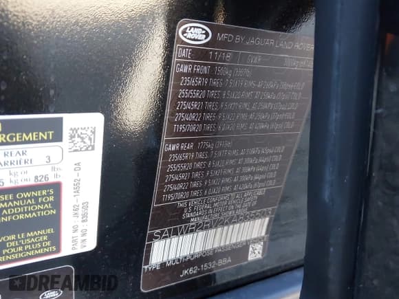 ✅ 2019 Land Rover Range Rover Sport HSE • VIN: SALWR2RV2KA835503 • Lot: 43660481. Listed on IAAI with 62,235 mi. Free auction sales archive from the USA and detailed vehicle history report at DreamBid. Image 9.