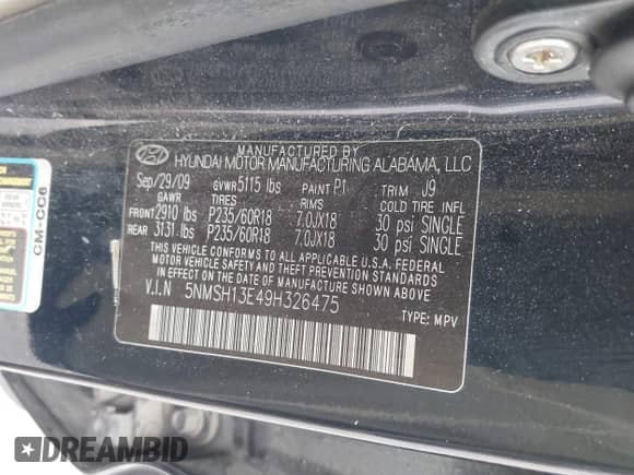 2009 Hyundai Santa Fe Limited z VIN 5NMSH13E49H326475, wystawiony jako IAAI lot #43246189 z przebiegiem 113 838 mil mil oraz . Historia ofert i sprzedaży dostępna na DreamBid. Obrazek 9.