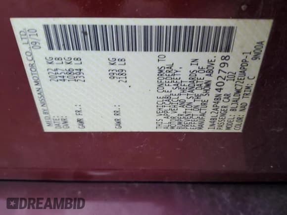 ✅ 2011 Nissan Altima SR • VIN: 1N4BL2AP4BN402798 • Lot: 82754975. Listed on Copart with 200,391 mi. Free auction sales archive from the USA and detailed vehicle history report at DreamBid. Image 12.