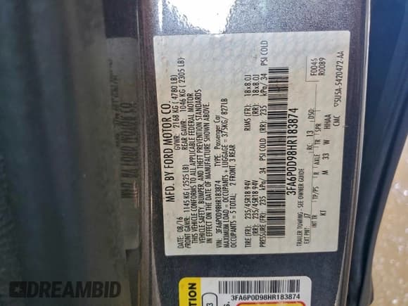 ✅ 2017 Ford Fusion Platinum • VIN: 3FA6P0D98HR183874 • Lot: 93816215. Listed on Copart with 126,956 mi. Free auction sales archive from the USA and detailed vehicle history report at DreamBid. Image 12.