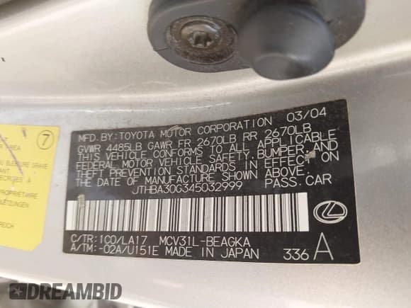 ✅ 2004 Lexus ES 350 • VIN: JTHBA30G345032999 • Lot: 42234905. Listed on IAAI with 117,802 mi. Free auction sales archive from the USA and detailed vehicle history report at DreamBid. Image 9.