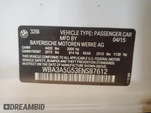 ✅ 2015 BMW 3 Series 328i • VIN: WBA3A5G53FNS87612 • Lot: 82752165. Listed on Copart with 107,175 mi. Free auction sales archive from the USA and detailed vehicle history report at DreamBid. Image 12.