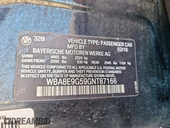 ✅ 2016 BMW 3 Series 328i • VIN: WBA8E9G59GNT87166 • Lot: 92329985. Wystawiony na Copart z przebiegiem 103 287 mil. Bezpłatny archiwum sprzedaży aukcyjnych z USA i szczegółowy raport historii pojazdu na DreamBid. Zdjęcie 12.