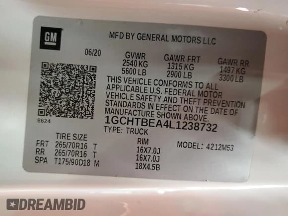 ✅ 2020 Chevrolet Colorado 4WD Work Truck • VIN: 1GCHTBEA4L1238732 • Lot: 93507105. Wystawiony na Copart z przebiegiem 137 379 mil. Bezpłatny archiwum sprzedaży aukcyjnych z USA i szczegółowy raport historii pojazdu na DreamBid. Zdjęcie 12.