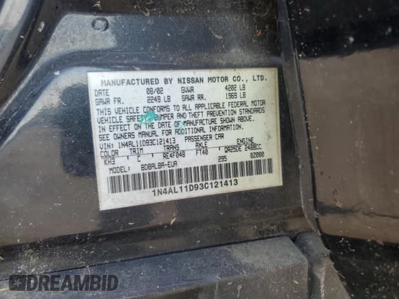 ✅ 2003 Nissan Altima S • VIN: 1N4AL11D93C121413 • Lot: 61921755. Wystawiony na Copart z przebiegiem Nie podano. Bezpłatny archiwum sprzedaży aukcyjnych z USA i szczegółowy raport historii pojazdu na DreamBid. Zdjęcie 13.