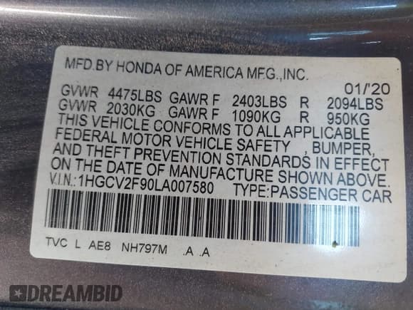 ✅ 2020 Honda Accord Touring • VIN: 1HGCV2F90LA007580 • Lot: 42760290. Listed on IAAI with 129,631 mi. Free auction sales archive from the USA and detailed vehicle history report at DreamBid. Image 8.