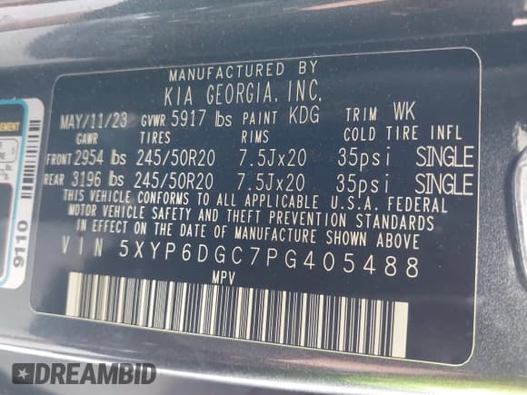 ✅ 2023 Kia Telluride S • VIN: 5XYP6DGC7PG405488 • Lot: 42135176. Listed on IAAI with 16,799 mi. Free auction sales archive from the USA and detailed vehicle history report at DreamBid. Image 9.