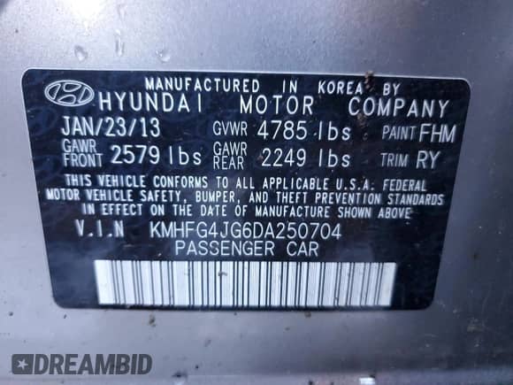 2013 Hyundai Azera с VIN KMHFG4JG6DA250704, выставлен на аукционе Copart как лот 86338934 с пробегом Не указан миль и Списание • Salvage title. История ставок и продаж доступна на DreamBid. Изображение 12.