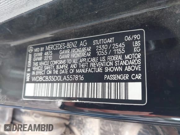 ✅ 1990 Mercedes-Benz 350 • VIN: WDBCB35D0LA557816 • Lot: 42498574. Listed on IAAI with 167,976 mi. Free auction sales archive from the USA and detailed vehicle history report at DreamBid. Image 9.