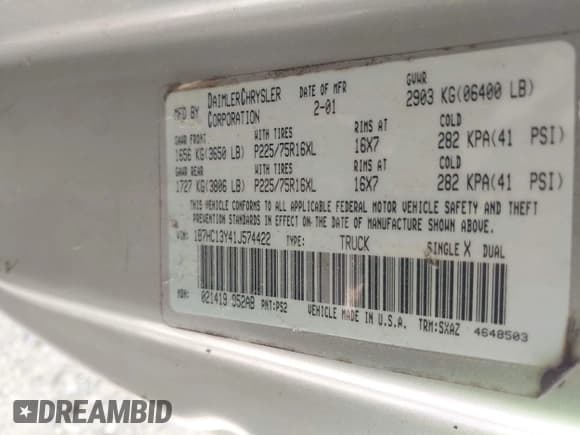 ✅ 2001 Dodge 1500 • VIN: 1B7HC13Y41J574422 • Lot: 42604094. Listed on IAAI with 276,143 mi. Free auction sales archive from the USA and detailed vehicle history report at DreamBid. Image 9.