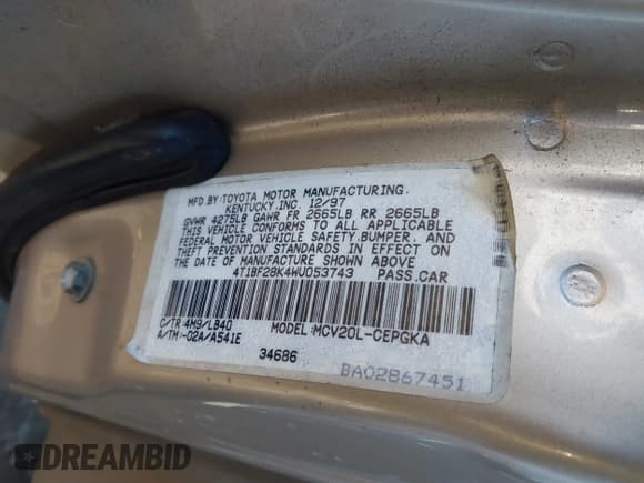 ✅ 1998 Toyota Camry LE • VIN: 4T1BF28K4WU053743 • Lot: 41593972. Listed on IAAI with 168,078 mi. Free auction sales archive from the USA and detailed vehicle history report at DreamBid. Image 9.