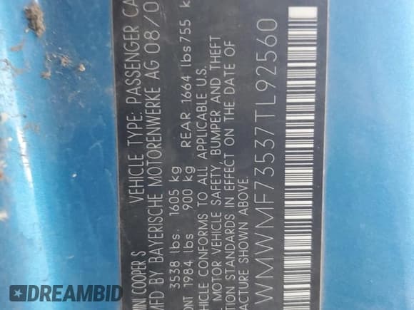 ✅ 2007 MINI Hardtop S • VIN: WMWMF73537TL92560 • Lot: 57877305. Listed on Copart with 140,469 mi. Free auction sales archive from the USA and detailed vehicle history report at DreamBid. Image 12.