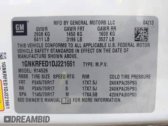 2013 Chevrolet Traverse LS with VIN 1GNKRFED1DJ221661, listed as a IAAI auction lot 42856246 with 210,438 mi miles and . Bid and sale history available at DreamBid. Image 9.