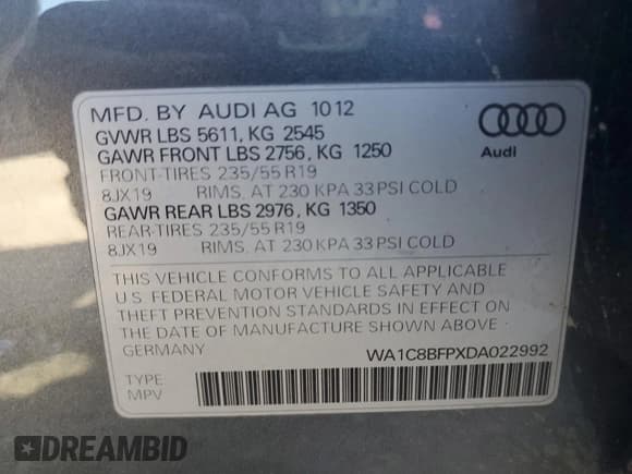 ✅ 2013 Audi Q5 Hybrid Prestige • VIN: WA1C8BFPXDA022992 • Лот: 77080484. Опубликован ранее на Copart с пробегом 116 451 миль. Бесплатный доступ к архиву аукционных продаж из США и подробный отчёт об истории автомобиля на DreamBid. Изображение 13.