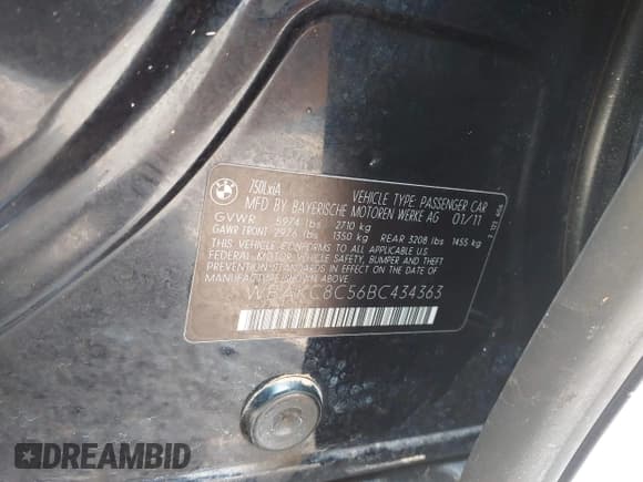 ✅ 2011 BMW 7 Series 750Li xDrive • VIN: WBAKC8C56BC434363 • Lot: 42937217. Listed on IAAI with 115,263 mi. Free auction sales archive from the USA and detailed vehicle history report at DreamBid. Image 9.