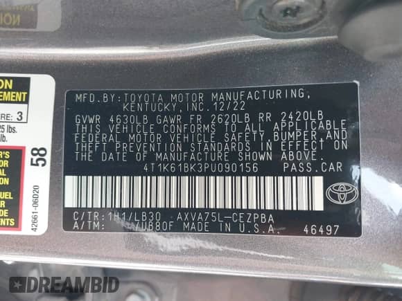 2023 Toyota Camry XSE with VIN 4T1K61BK3PU090156, listed as a IAAI auction lot 42704828 with 35,354 mi miles and . Bid and sale history available at DreamBid. Image 9.