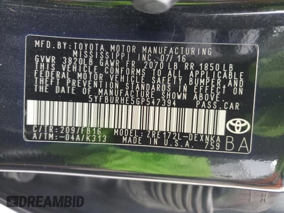 ✅ 2016 Toyota Corolla LE Plus • VIN: 5YFBURHE5GP547394 • Лот: 93323355. Опубликован ранее на Copart с пробегом 106 094 миль. Бесплатный доступ к архиву аукционных продаж из США и подробный отчёт об истории автомобиля на DreamBid. Изображение 12.