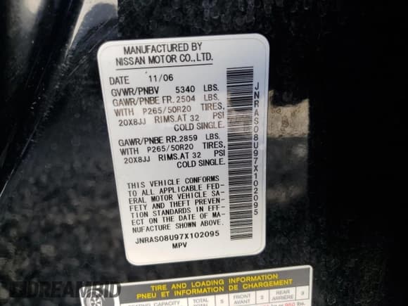 ✅ 2007 Infiniti FX • VIN: JNRAS08U97X102095 • Lot: 45705015. Listed on Copart with 139,320 mi. Free auction sales archive from the USA and detailed vehicle history report at DreamBid. Image 12.