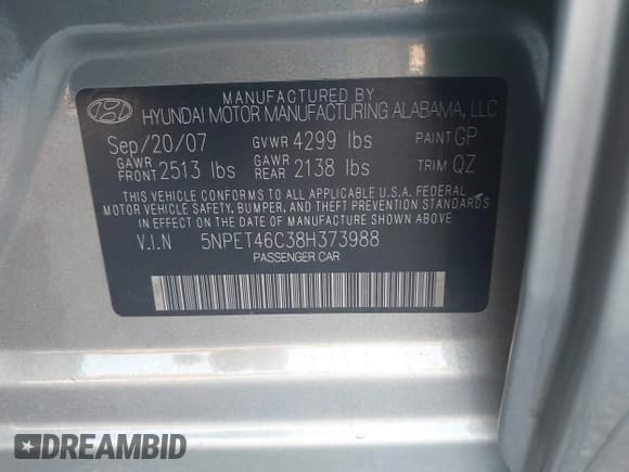 ✅ 2008 Hyundai Sonata GLS • VIN: 5NPET46C38H373988 • Лот: 43464286. Опубликован ранее на IAAI с пробегом 190 149 миль. Бесплатный доступ к архиву аукционных продаж из США и подробный отчёт об истории автомобиля на DreamBid. Изображение 9.