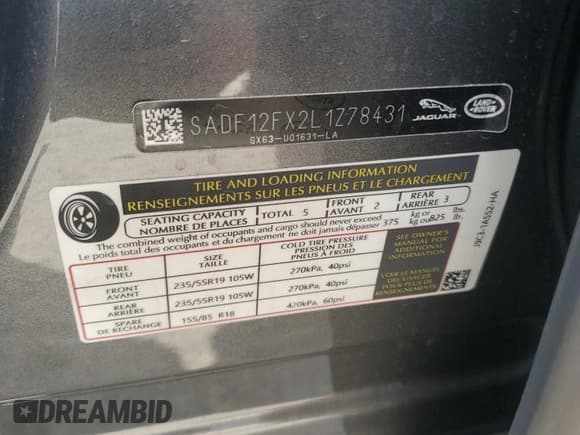 ✅ 2020 Jaguar E-Pace Checkered Flag Edition • VIN: SADF12FX2L1Z78431 • Lot: 59406185. Listed on Copart with Not provided. Free auction sales archive from the USA and detailed vehicle history report at DreamBid. Image 13.