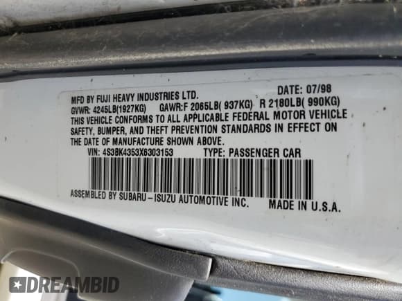 ✅ 1999 Subaru Legacy L • VIN: 4S3BK4353X6303153 • Лот: 63945205. Опубликован ранее на Copart с пробегом 34 446 миль. Бесплатный доступ к архиву аукционных продаж из США и подробный отчёт об истории автомобиля на DreamBid. Изображение 12.