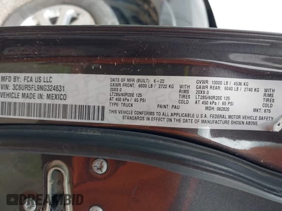 ✅ 2022 Ram 2500 Laramie • VIN: 3C6UR5FL9NG324631 • Lot: 42420423. Wystawiony na IAAI z przebiegiem 56 695 mil. Bezpłatny archiwum sprzedaży aukcyjnych z USA i szczegółowy raport historii pojazdu na DreamBid. Zdjęcie 9.