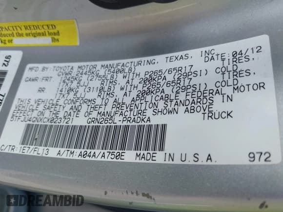 ✅ 2012 Toyota Tacoma PreRunner • VIN: 5TFJU4GNXCX023721 • Lot: 43419778. Listed on IAAI with 136,505 mi. Free auction sales archive from the USA and detailed vehicle history report at DreamBid. Image 9.