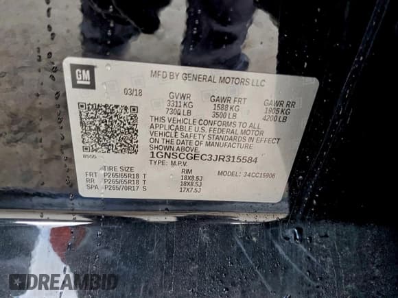 ✅ 2018 Chevrolet Suburban LS • VIN: 1GNSCGEC3JR315584 • Lot: 94428525. Listed on Copart with 96,373 mi. Free auction sales archive from the USA and detailed vehicle history report at DreamBid. Image 13.