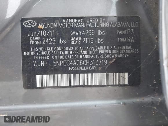 ✅ 2012 Hyundai Sonata SE • VIN: 5NPEC4AC6CH313719 • Lot: 43635522. Listed on IAAI with 161,875 mi. Free auction sales archive from the USA and detailed vehicle history report at DreamBid. Image 9.