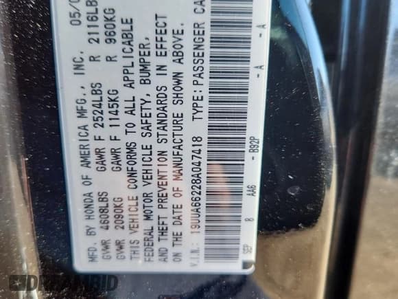 ✅ 2008 Acura TL • VIN: 19UUA66228A047418 • Lot: 89706945. Listed on Copart with 106,587 mi. Free auction sales archive from the USA and detailed vehicle history report at DreamBid. Image 12.