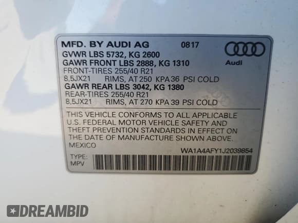 ✅ 2018 Audi SQ5 Premium Plus • VIN: WA1A4AFY1J2039854 • Lot: 69447095. Listed on Copart with 88,667 mi. Free auction sales archive from the USA and detailed vehicle history report at DreamBid. Image 13.