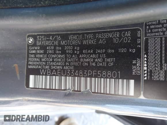 2003 BMW 3 Series 325xi с VIN WBAEU33483PF58801, выставлен на аукционе IAAI как лот 43186237 с пробегом 155 342 миль миль и . История ставок и продаж доступна на DreamBid. Изображение 9.