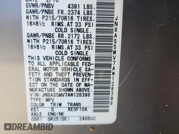 ✅ 2010 Nissan Rogue SL • VIN: JN8AS5MV7AW128398 • Lot: 93179455. Listed on Copart with 167,160 mi. Free auction sales archive from the USA and detailed vehicle history report at DreamBid. Image 13.