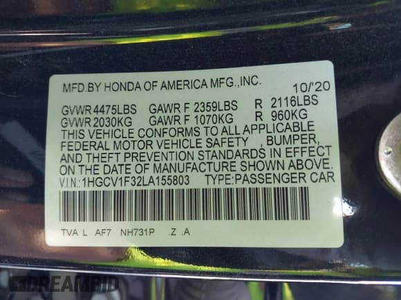 ✅ 2020 Honda Accord Sport • VIN: 1HGCV1F32LA155803 • Lot: 43519834. Listed on IAAI with 89,330 mi. Free auction sales archive from the USA and detailed vehicle history report at DreamBid. Image 9.