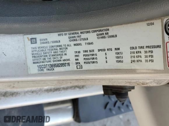 ✅ 2005 Chevrolet Colorado 1SC LS Z85 • VIN: 1GCDT136958205016 • Лот: 62788515. Опубликован ранее на Copart с пробегом 264 885 миль. Бесплатный доступ к архиву аукционных продаж из США и подробный отчёт об истории автомобиля на DreamBid. Изображение 12.