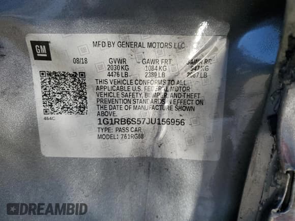 ✅ 2018 Chevrolet Volt Premier • VIN: 1G1RB6S57JU156956 • Lot: 82160963. Wystawiony na Copart z przebiegiem 37 084 mil. Bezpłatny archiwum sprzedaży aukcyjnych z USA i szczegółowy raport historii pojazdu na DreamBid. Zdjęcie 12.