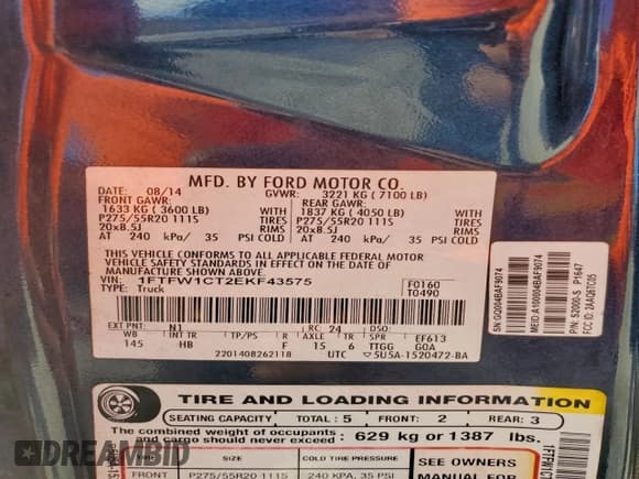 ✅ 2014 Ford F-150 XLT • VIN: 1FTFW1CT2EKF43575 • Lot: 94397265. Wystawiony na Copart z przebiegiem Nie podano. Bezpłatny archiwum sprzedaży aukcyjnych z USA i szczegółowy raport historii pojazdu na DreamBid. Zdjęcie 12.