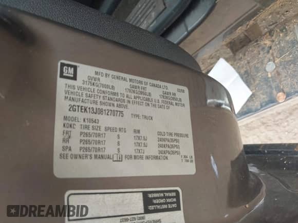 ✅ 2008 GMC Sierra 1500 SLT • VIN: 2GTEK13J081270775 • Lot: 41523737. Listed on IAAI with 199,858 mi. Free auction sales archive from the USA and detailed vehicle history report at DreamBid. Image 9.