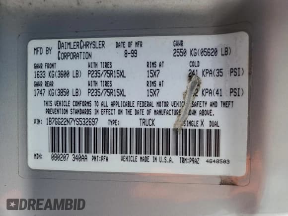 ✅ 2000 Dodge Dakota Sport • VIN: 1B7GG22N7YS532697 • Lot: 79854424. Wystawiony na Copart z przebiegiem 126 435 mil. Bezpłatny archiwum sprzedaży aukcyjnych z USA i szczegółowy raport historii pojazdu na DreamBid. Zdjęcie 12.