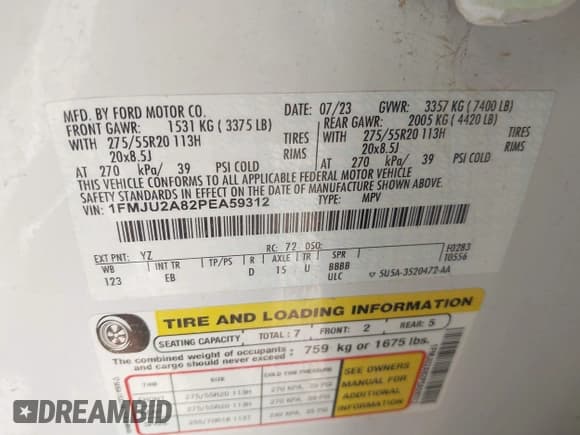 ✅ 2023 Ford Expedition Limited • VIN: 1FMJU2A82PEA59312 • Lot: 42839691. Wystawiony na IAAI z przebiegiem 59 461 mil. Bezpłatny archiwum sprzedaży aukcyjnych z USA i szczegółowy raport historii pojazdu na DreamBid. Zdjęcie 9.