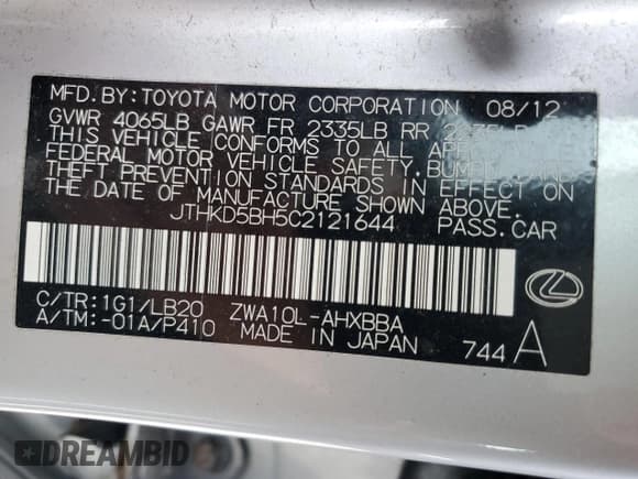 ✅ 2012 Lexus CT 200h Premium • VIN: JTHKD5BH5C2121644 • Lot: 92266875. Listed on Copart with 182,578 mi. Free auction sales archive from the USA and detailed vehicle history report at DreamBid. Image 14.