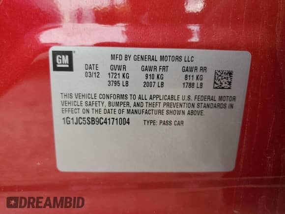 2012 Chevrolet Sonic LT z VIN 1G1JC5SB9C4171004, wystawiony jako Copart lot #73356883 z przebiegiem 155 863 mil mil oraz Szkoda całkowita • Salvage title. Historia ofert i sprzedaży dostępna na DreamBid. Obrazek 14.