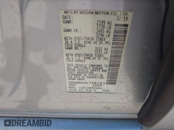 ✅ 2019 Nissan Frontier SV • VIN: 1N6AD0ER2KN748283 • Lot: 43044011. Listed on IAAI with 44,714 mi. Free auction sales archive from the USA and detailed vehicle history report at DreamBid. Image 9.