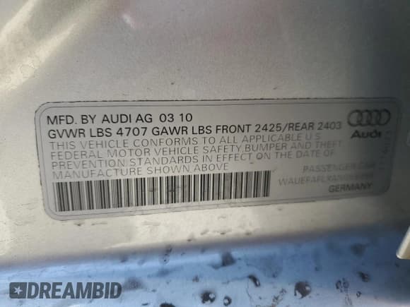 ✅ 2010 Audi A4 Premium Plus • VIN: WAUEFAFLXAN055990 • Lot: 61876245. Listed on Copart with 173,001 mi. Free auction sales archive from the USA and detailed vehicle history report at DreamBid. Image 13.