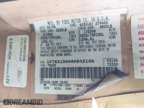 ✅ 1994 Ford F-150 • VIN: 1FTEX15N4RKB42106 • Lot: 41895936. Listed on IAAI with 229,108 mi. Free auction sales archive from the USA and detailed vehicle history report at DreamBid. Image 9.