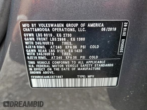 ✅ 2019 Volkswagen Atlas SE • VIN: 1V2UR2CA0KC571687 • Lot: 85184405. Wystawiony na Copart z przebiegiem 150 545 mil. Bezpłatny archiwum sprzedaży aukcyjnych z USA i szczegółowy raport historii pojazdu na DreamBid. Zdjęcie 13.